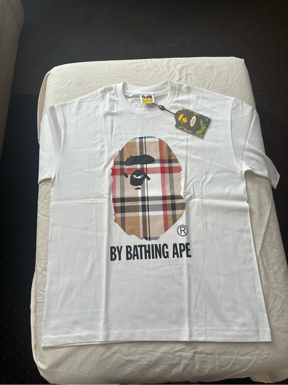 Bape White Short-Sleeve Tee with Plaid Ape Head Graphic